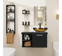 Puluomis Ensemble de meubles de salle de bains avec porte-serviettes, lavabo ovale noir jaune meuble sous-lavabo meuble bas avec miroir salle de bains cuisine