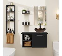 Puluomis Ensemble de meubles de salle de bains avec porte-serviettes, lavabo rond brun meuble sous lavabo meuble bas avec miroir salle de bains cuisine
