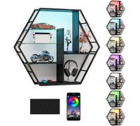 Puluomis étagère murale avec 6 étagères, étagères à vin, 87x20x100cm, bois métal étagère suspendue, grande étagère, lumières LED RGB, étagère flottante en verre, avec barre de suspension