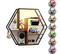 Puluomis étagère murale avec 6 étagères, étagères à vin, 87x20x100cm, étagère suspendue en bois et métal, grande étagère,RGB-LED-Lichter,Glas-Schweberegal, avec tringle de suspension