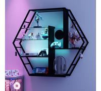 Puluomis étagère murale avec 6 étagères, étagères à vin, 87x20x100cm, étagère suspendue en bois et métal, grande étagère，RGB-LED-Lichter，Glas-Schweberegal, avec tringle de suspension