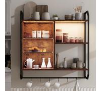 Puluomis Étagère murale réglable avec 6 étagères, 83x20x80cm, Étagère suspendue en bois et métal, lumières LED RVB, Étagère flottante en verre, avec barre de suspension Marron Noir