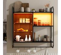 Puluomis Étagère murale réglable avec 6 étagères, 83x20x80cm, Étagère suspendue en bois et métal, lumières LED RGB, Étagère flottante en verre, avec barre de suspension Noir carbone