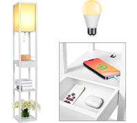 Puluomis Lampadaire 3 niveaux Lampadaire 160cm E27 éclairage intérieur bois avec 2 ports USB,avec ampoule 8W, blanc