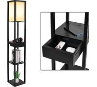 Puluomis Lampadaire à 3 niveaux avec tiroir Lampe de sol 160cm E27 Eclairage intérieur bois noir avec 2 ports USB,avec ampoule 8W