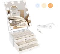 Puluomis miroir cosmétique Hollywood boîte à bijoux amovible miroir de maquillage avec éclairage, 12LED 3 couleurs gradable, 10x taille, beige