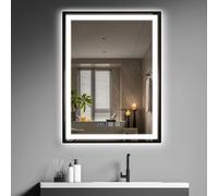 Puluomis miroir de salle de bain 60x80 antibuée avec éclairage 3 couleurs, luminosité variable, miroir de salle de bain avec horloge digitale, température étanche noir