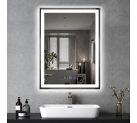 Puluomis miroir de salle de bain 60x80 antibuée avec éclairage 3 couleurs, luminosité variable, miroir de salle de bain avec horloge digitale, température étanche argenté