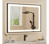 Puluomis miroir de salle de bain 70x50 antibuée avec éclairage 3 couleurs, luminosité variable, miroir de salle de bain avec horloge digitale, température étanche noir