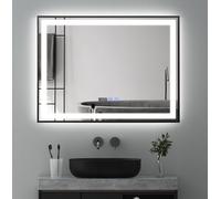 Puluomis miroir de salle de bain 80x60 antibuée avec éclairage 3 couleurs, luminosité variable, miroir de salle de bain avec horloge digitale, température étanche noir