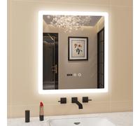 Puluomis miroir de salle de bain avec éclairage antibuée 60x50, avec horloge et température miroir de salle de bain LED 6500k dimmable étanche