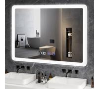 Puluomis miroir de salle de bain avec éclairage antibuée 80x60, avec horloge et température miroir de salle de bain LED 6500k dimmable étanche