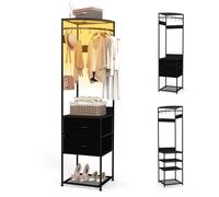 Puluomis Portemanteau 180cm avec rampe lumineuse RGB, tiroir et étagère à chaussures, portemanteau d'angle de style industriel avec crochets et étagère noir