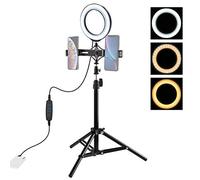 PULUZ 6,2 pouces LED Ring Vlogging Photographie Vidéo Kits Live Broadcast Double support de téléphone USB 3 modes Dimmable avec trépied 70 cm Support pour appareil de maquillage et vidéo YouTube