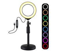 PULUZ Anneau lumineux, 10 niveaux de luminosité, 8 couleurs, 11,9 cm RVBB, kit d'éclairage LED à intensité variable avec base ronde, support de bureau et tête sphérique trépied griffe pour selfie,