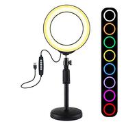 PULUZ Anneau lumineux, 10 niveaux de luminosité, 8 couleurs, 15,7 cm, RGBW, kit d'éclairage LED à intensité variable avec base ronde, support de bureau et tête sphérique trépied griffe pour selfie,