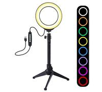 PULUZ Anneau lumineux, 10 niveaux de luminosité, 8 couleurs de 11,9 cm RGBW à intensité variable avec support trépied de bureau et tête sphérique pour selfie, maquillage, vidéo YouTube