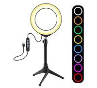PULUZ Anneau lumineux, 10 niveaux de luminosité, 8 couleurs de 15,7 cm RGBW à intensité variable avec support trépied de bureau et tête sphérique pour selfie, maquillage, vidéo YouTube