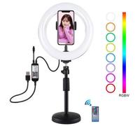 PULUZ Anneau lumineux de 20 cm RGBW PU503B (7,9 pouces) + support de bureau PU390 (dimmable) LED RGBW incurvé, éclairage annulaire pour photographie, éclairage de remplissage pour selfie, avec clip po