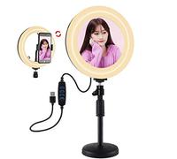 PULUZ Kit d'anneau lumineux USB 7,9 pouces 3 modes à intensité variable avec double température de couleur avec support rond pour bureau Vlogging Selfie Photographie Vidéo Lumières avec miroir pour