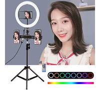 PULUZ Kit de lumière LED RVB avec anneau lumineux de 25,4 cm et 10 niveaux de luminosité RVB pour selfie avec trépied réglable, double support horizontal pour téléphone et télécommande pour flux en