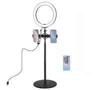 Puluz Support de bureau à base ronde 140 cm + support de téléphone double diffusion en direct + anneau LED RVBW de 10,2" avec télécommande et tête de trépied pour vidéo YouTube