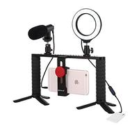 PULUZ Vlogging Kit de support 4 en 1 en aluminium avec anneau de 11,7 cm pour selfie, smartphone, vidéo, support en aluminium avec microphone + trépied + tête de trépied