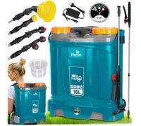 Plonos Pulvérisateur à Dos Capacité 16L Batterie 8Ah 12V 4 Buses Lance avec Mélangeur Bleu