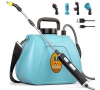 Pulvérisateur de jardin à piles, 7,4 V, rechargeable avec 3 modes de pression, 5 buses de pulvérisation, baguette télescopique, indicateur de batterie, sangle réglable pour pelouse, jardin, bleu