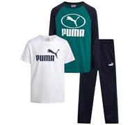 PUMA Ensemble de pantalons de survêtement pour garçons - 3 pièces pull en polaire à manches longues t-shirt et pantalon de jogging pour enfants (8-16), blanc/vert, 8-9