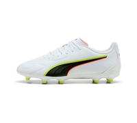 PUMA King 20 Play FG/AG Chaussures de Football Unisexes Blanc/Rouge et Jaune Alert, 44 EU, Puma Alerte Blanche, Rouge, Jaune, 44.5 EU