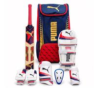 PUMA Kit de cricket en saule du Cachemire Junior - Bleu marine/rouge - Kit de démarrage complet avec batte en saule durable, équipement de protection et sac de transport