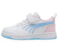 PUMA Rebound V6 Lo Jelly Heaven AC+ PS Baskets pour Fille Blanc Bleu Vif Rose Scintillant, Puma Blanc, Bleu Vif, Rose Scintillant, 1.5 UK Child