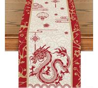 Pumixiy Chemin de table « Happy New Year » - 33 x 183 cm - Dragon chinois pour le zodiaque rouge et jaune - Décoration de table pour le festival du printemps 2024 - Chemin de table B