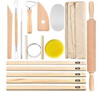 Pumixiy Lot de 20 outils de poterie en bois avec rouleau à pâtisserie, outils de sculpture d'argile, grattoirs et nervures en acier inoxydable pour travaux de poterie professionnels et amateurs