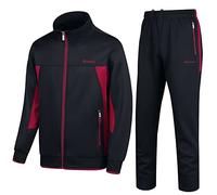 PUMPITU Survêtement athlétique décontracté à manches longues pour homme avec fermeture éclair sur toute la longueur, veste et pantalon de sport 2 pièces, noir/rouge, XX-Large