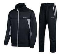PUMPITU Survêtement athlétique décontracté à manches longues pour homme avec fermeture éclair sur toute la longueur, veste et pantalon de sport 2 pièces, Noir + gris, Large