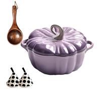 Pumpkin Dutch Oven Pot with Lid, Pumpkin Shaped Cast Iron Oven with Dual Handle for Cooking,Holds 3-5 Serving for Stews, Roasting, Halloween and Thanksgiving Decor Gift (Purple-A,6.3in)