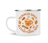 Pumpkin Spice & Everything Nice Mug - Cute Fall Enamel Coffee Cup - Cozy Automne Aesthetic Cup for Pumpkin Lovers - Cute Halloween Gift for Women - Fall Campfire Enabel Mug with Leaves & Cinnamon