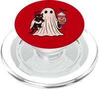 Pumpkin Spice Latte Ghost Holding Black Cat Halloween PopSockets PopGrip pour MagSafe
