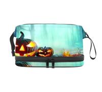 Pumpkins Burning in Foggy Night Forest Trousse de toilette double couche pour femmes et filles, trousse de toilette de voyage, trousse de maquillage pratique avec compartiment à brosse, multicolore,