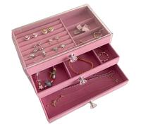 pumpumlia Boîte de rangement élégante pour boucles d'oreilles, colliers, bracelets, bijoux avec couvercle en verre et 3 tiroirs