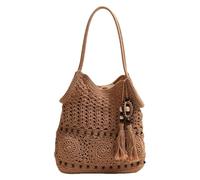 pumpumlia Sac à main à bandoulière avec pompons, grande capacité, sac à main de vacances pour les voyages décontractés et les vacances à la plage, sac en fil tissé, café, One Size