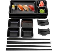 Pumtus Service de table japonais 16 pièces en mélamine pour sushi - Comprend 4 assiettes de service à sushi, 4 plats à sauce soja, 4 paires de baguettes, 4 supports de baguettes (noir)