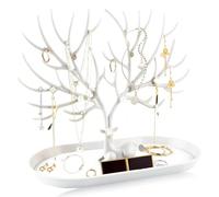 Pumuky Arbre Porte Bijoux,Support Bijoux en Plastique,Arbre à Bijoux Décoratif avec Plateau à Bijoux,Deer Présentoir à Bijoux pour Boucles d'Oreilles pour Colliers, Chaînes, Montres,Bracelets(Blanc)