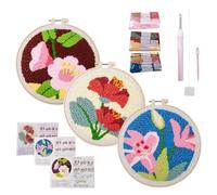 Punch Needle Embroidery - Embroidery Beginner Kits | Punch Art With Floral Pattern | Instruction Included | 3X Crafts For Adults With Floral Pattern | Sewing Set Handmade Craft For Kids And Adults