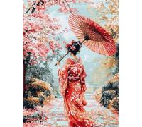 Punch Needle Kit Adulte Arbres Fleuris Et Femmes En Kimonos Kits De Tapisserie En Toile Imprimée Ensemble De Broderie Kit De Fil De Crochet Diy Pour Débutants Tapis À Crochet De Loquet Imp 35x46in