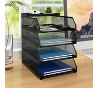 PUNCIA Corbeilles à Courrier en Maille Métallique à 4 Niveaux Organiseur de Bureau Multimédia Boîte de Rangement Organisateur de Tiroir Support d'Empilage Documents pour Bureau à Domicile(Noir)