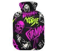 Punk Peach Black Skulls Rock Bouteille d'eau pour eau chaude avec housse souple, sac de compression chaud de 2 L pour chauffe-ventre, chauffe-ventre, chauffe-ventre
