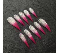Punk Press Cat Claw on Nails Long Stiletto Handmade Rose Red Gradient Press on Nails Reusable Thick Acrylic Cat Dragon Eagle Claw False Nail with Designs Glossy Glue on Nail (M)
